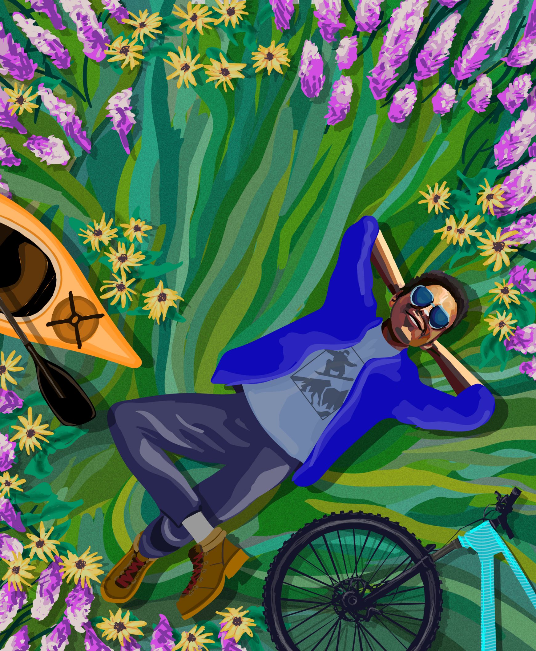 a person lying in the grass with wildflowers around them with a mountain bike and kayak on the ground 